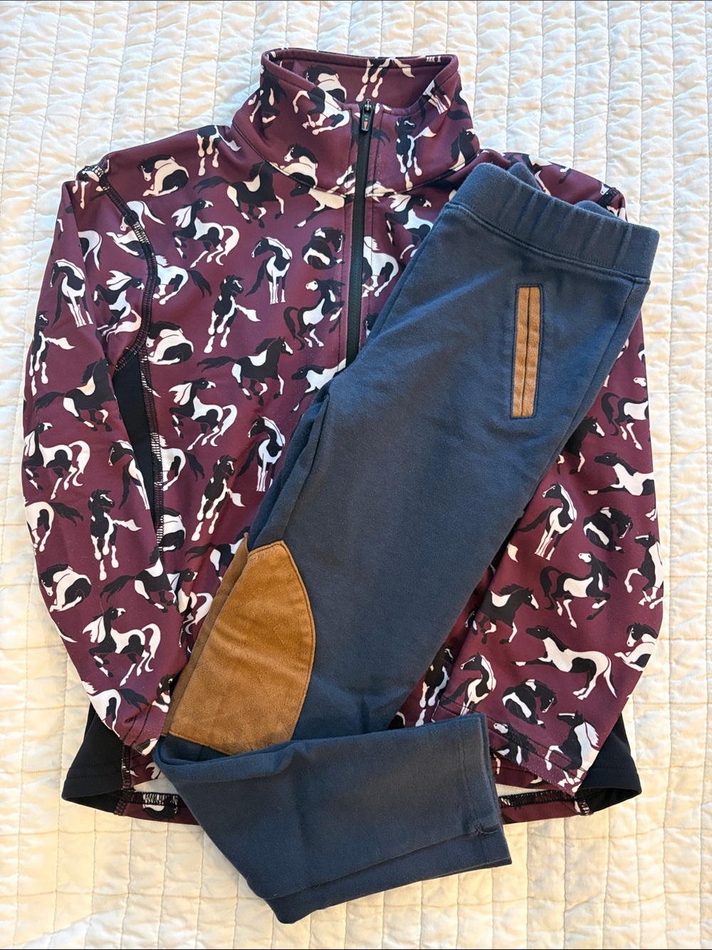 Kerrits Burgundy Horse 1/4 Zip Shirt & Hope&Henry Navy Kids Riding Leggings